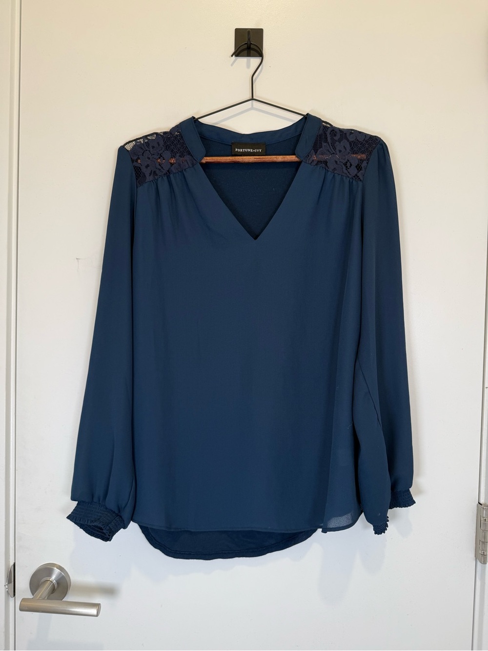 Fortune + Ivy Dark Teal V-Neck Blouse with Lace Shoulders